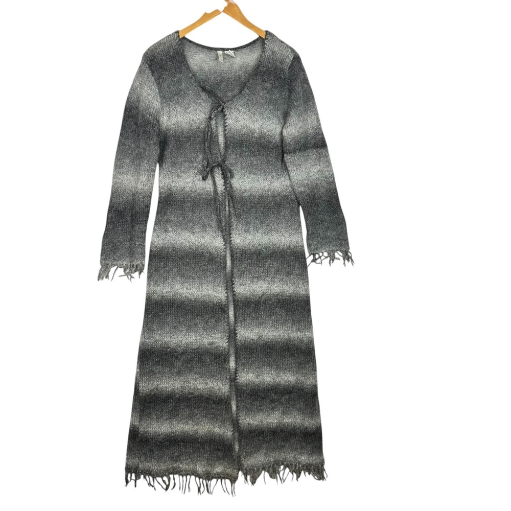 Vintage Twiggy Mohair Duster Cardigan Womens L Gray Ombre Fringe Tie Front Y2K